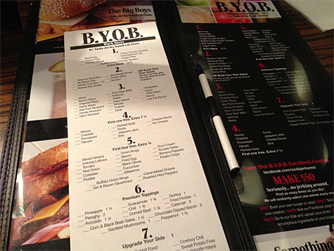 Menu (including a Build Your Own Burger BYOB) section at Soda Jerks!