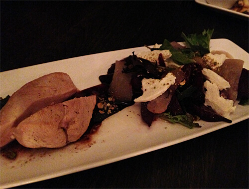 Beet Salad - Pear, balsamic reduction, goat cheese, chives, pistachio and poached chicken breast ($12 + ??)