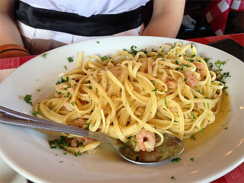 Aglio E Olio (Extra virgin olive oil and minced garlic  with pepperoncini spice with Baby Shrimp) at Cafe Amore. ($18)