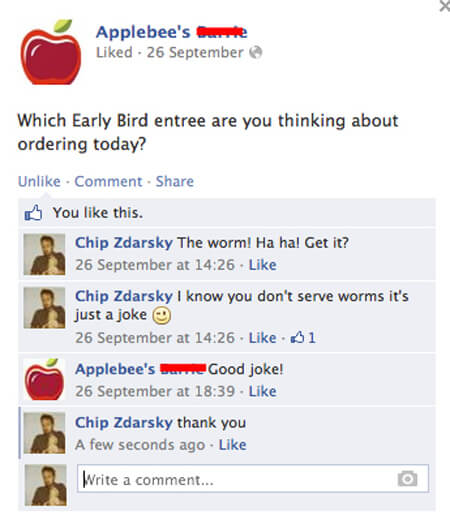 Funny relationship between a man and an Applebees Facebook account.