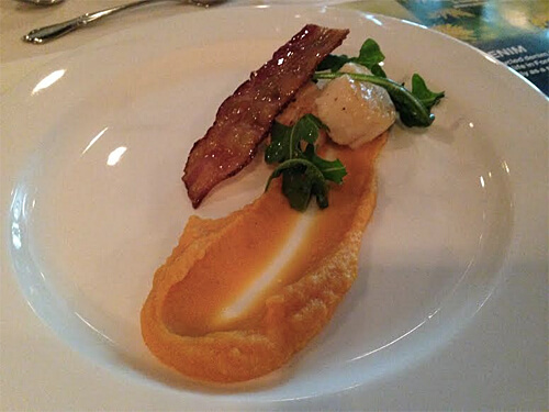 Pan-seared Bay Scallops - Sweet potato puree with dandelion honey, maple bacon, baby arugula at Have You Eaten a Ford Yet? event. 