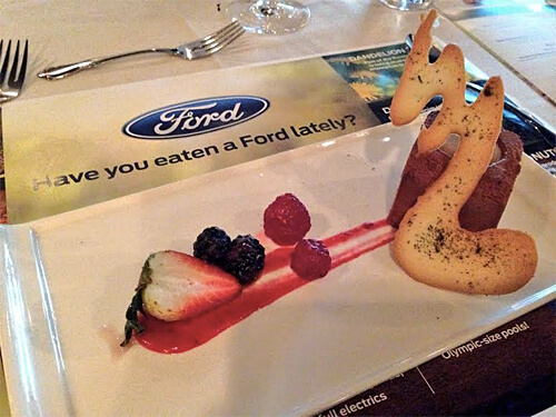Guittard Chocolate Mousse - Melba sauce, lavendar tuile, macerated berries at Have You Eaten a Ford Yet? event. 
