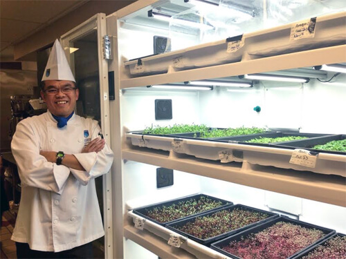 NAIT's Hong Chew stands by the Urban Cultivator, which allows students to grow & harvest microgreens on campus.
