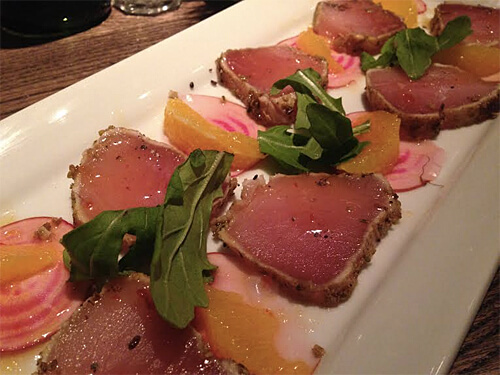 Tuna Tataki - Fresh Albacore Tuna, Candy Stripe Beets, Orange Segments & Sweet Sambai ($16)