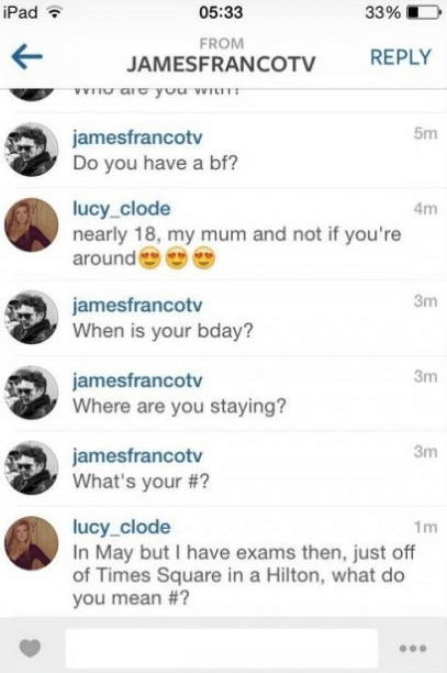 James Franco's awkward Instagram flirting with underage girl. (SCREENSHOT/PHOTO CREDIT: Gawker.com)