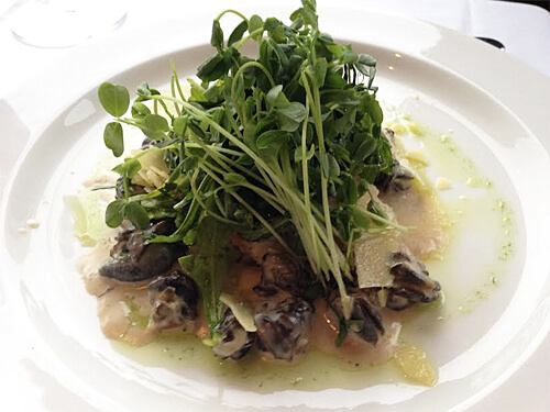 Escargot Vol au Vent - Saute of wild mushrooms, escargot and shallots in a cognac cream topped with arugula and hard cheese shavings
