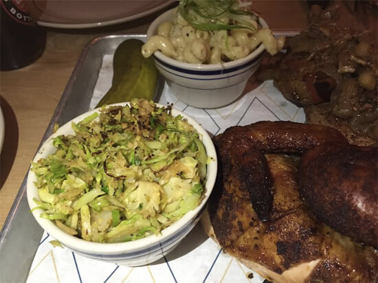 Brussel sprouts, mac and cheese, and a pickle at MEAT. 